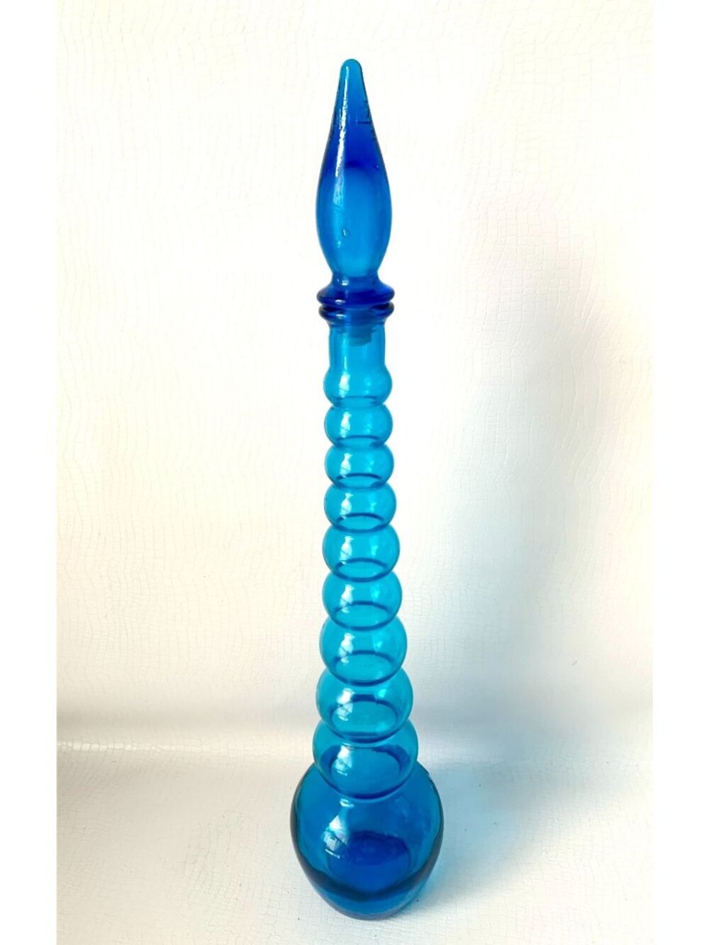 Vintage MCM Empoli Blue Glass Genie Bottle MCM Ribbed Decanter With Stopper